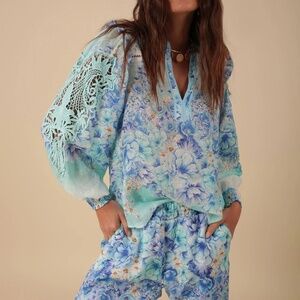 NEW! Hale Bob Reese Linen Top Long Sleeve Turquoise Blue Purple Size XS - $294